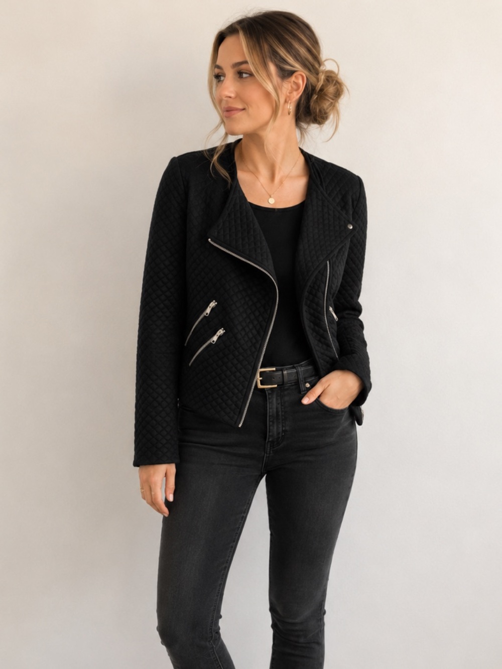 Generation Love quilted moto jacket with off center zip. 525